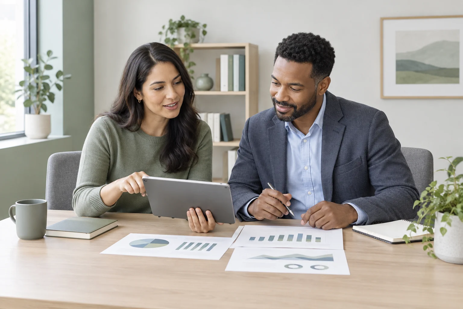 Professionals discussing market research in a collaborative meeting