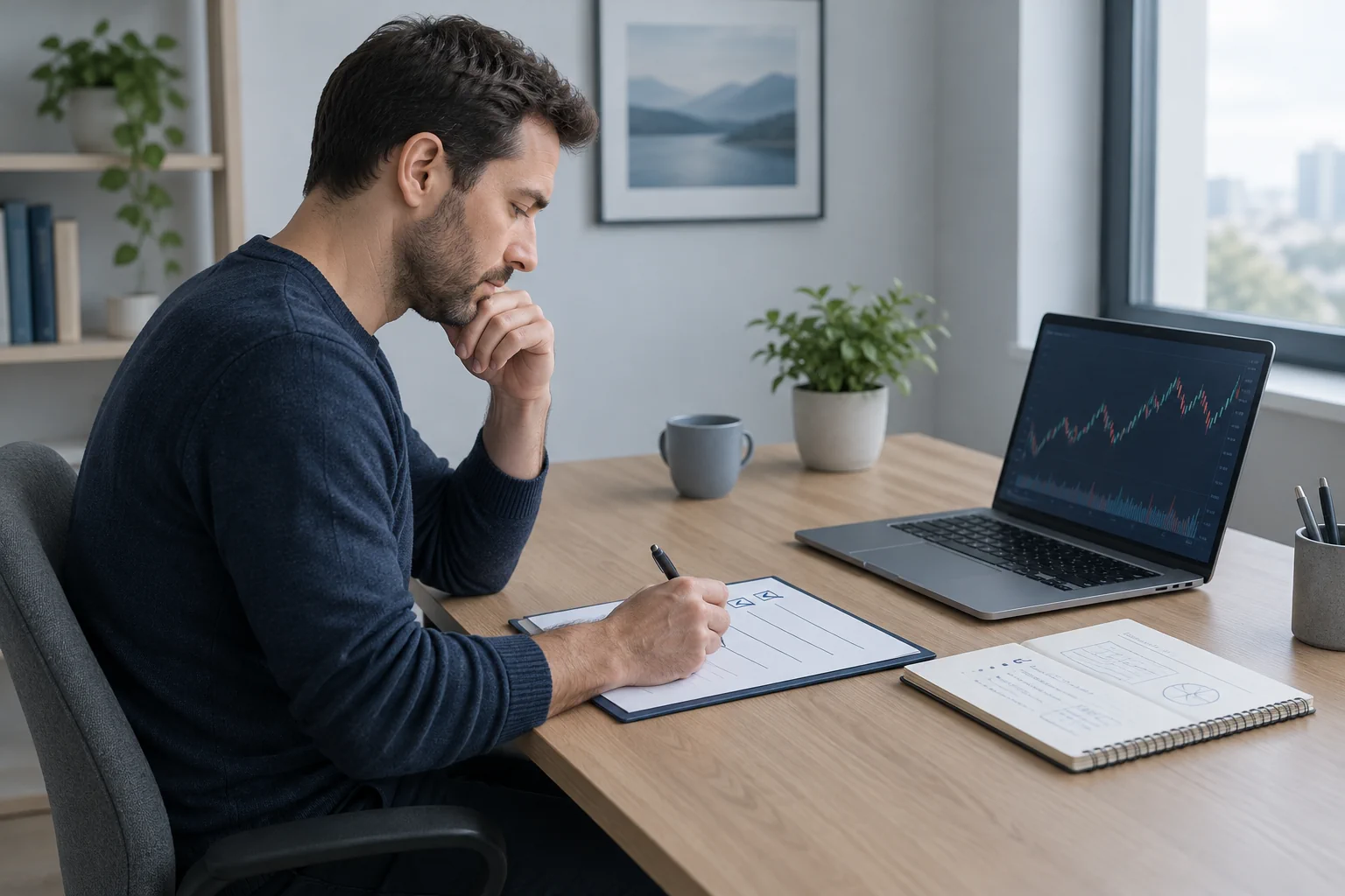 Person reviewing market risk and written notes