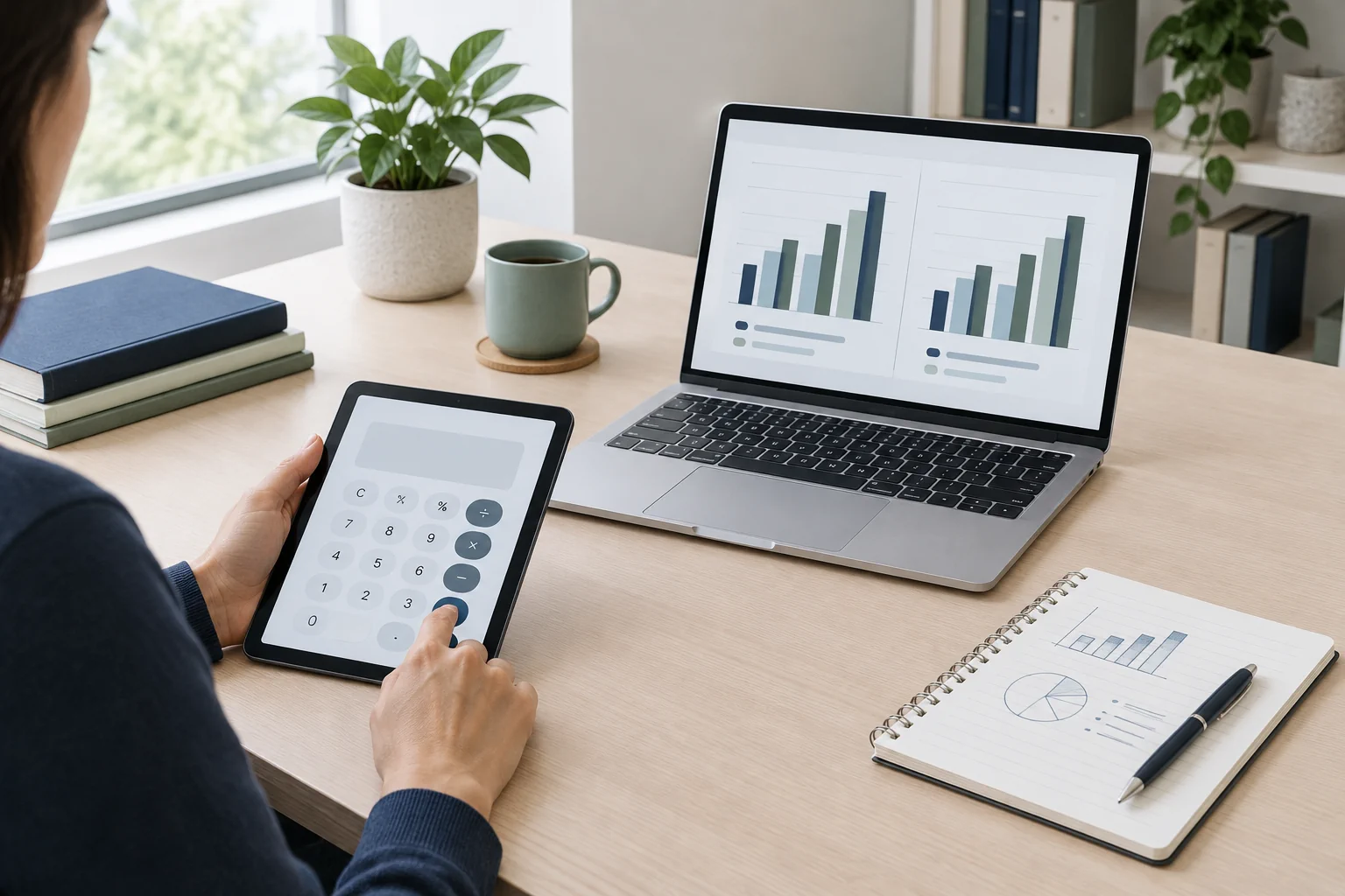Illustrative finance calculator and charts on a research desk