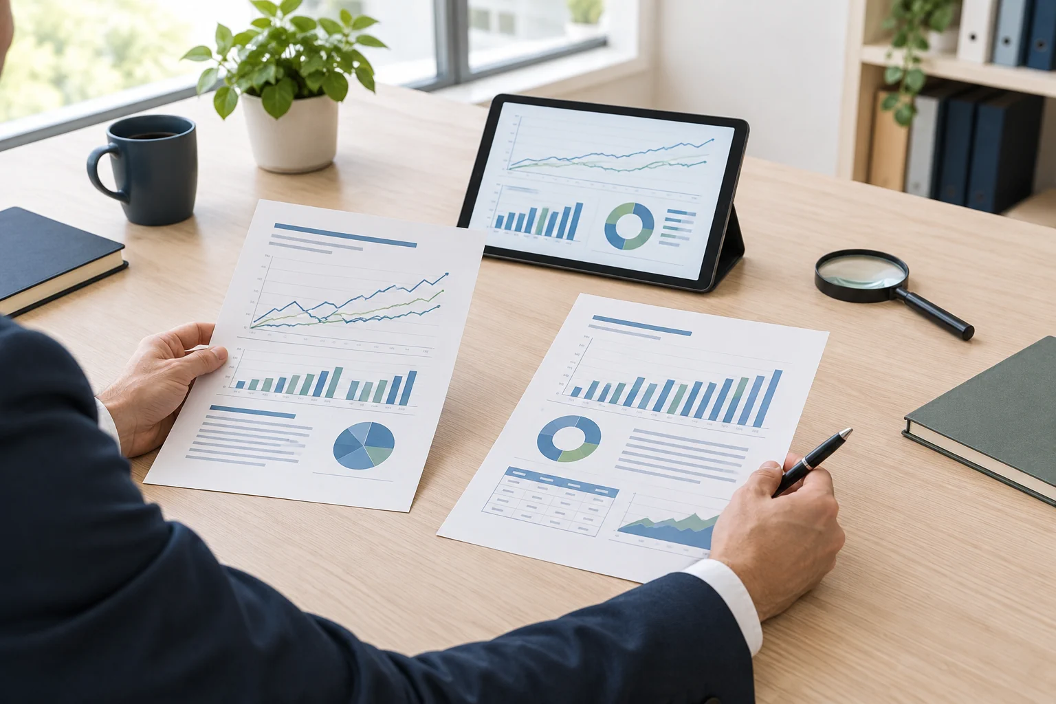 Illustrative desk with research reports and abstract charts